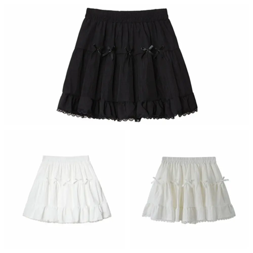 Cintura alta meninas curto mini saia solta com calças de segurança bowknot a linha saia bolo vestido plissado renda mini saias senhora