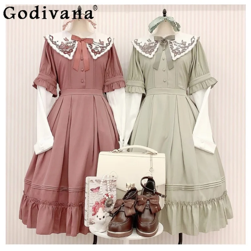 

Japanese Lolita Dress Women Bow Embroidered Heavy Industry High Waist Elegant Fashion Long Sleeve Dress Office Lady Autumn Op