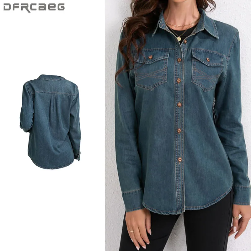 

Spring 2025 Denim Shirt Women Fashion Design Vintage Blue Jean Shirts Blouses Long Sleeve High Street Jeans Shirts Outwear