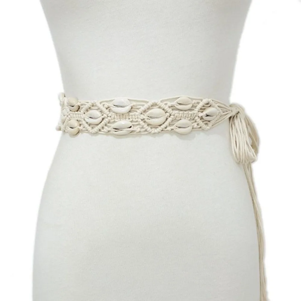 Fashionable Small Shell Rope Waist Belt Hollow Tassel Tie Strap Cotton Waistband Waist Chain Women