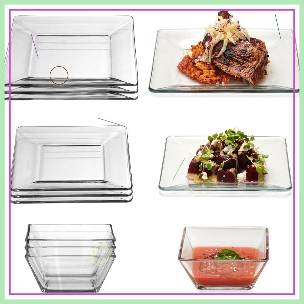 

Набор из 12 прозрачных квадратных стеклянных тарелок и мисок, пригодных для мытья в посудомоечной машине, для вечеринок или повседневного использования