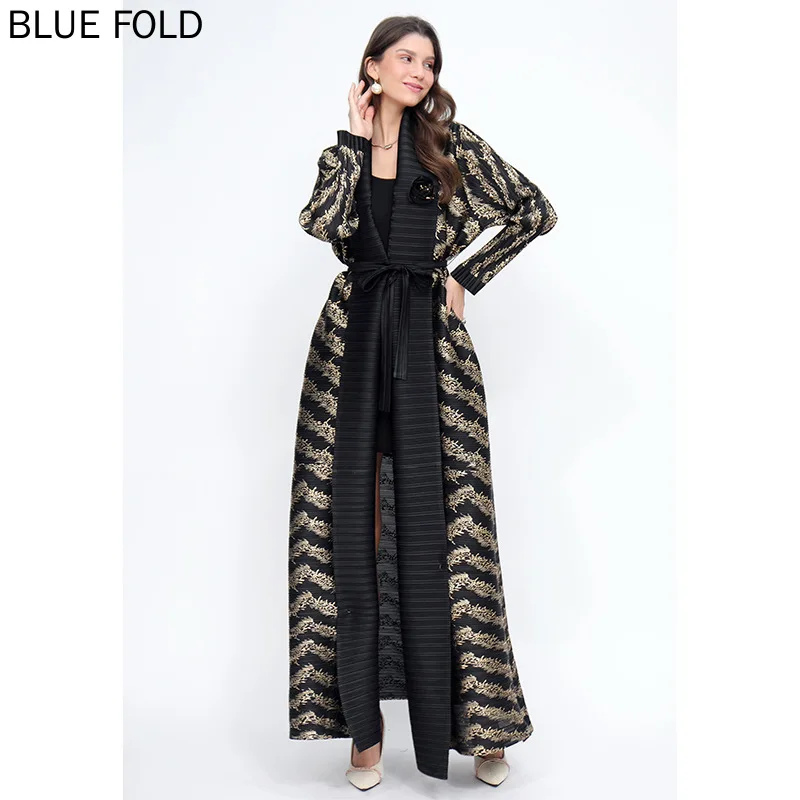 Miyake Pleated Gold-stamped Large-size Robe Windbreaker for Women Autumn and Winter European and American Zebra Pattern Trench