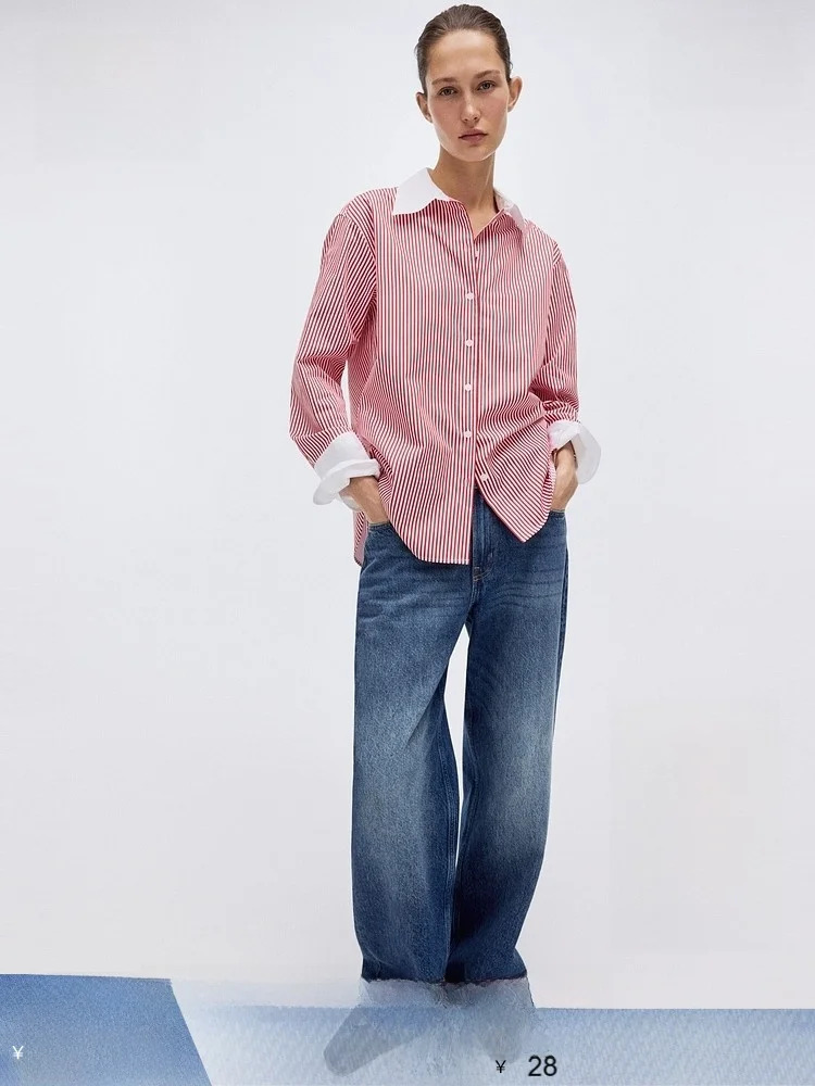 

Женская хлопковая льняная рубашка H&M: модный топ с эффектом высокого качества, весна 2026, повседневный свободный крой, длинный рукав, на пуговицах