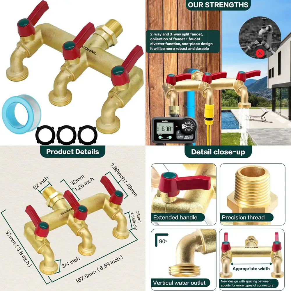 

Sturdy Brass 3-Way Outdoor Faucet with Horizontal Spacing for Wide Outlets