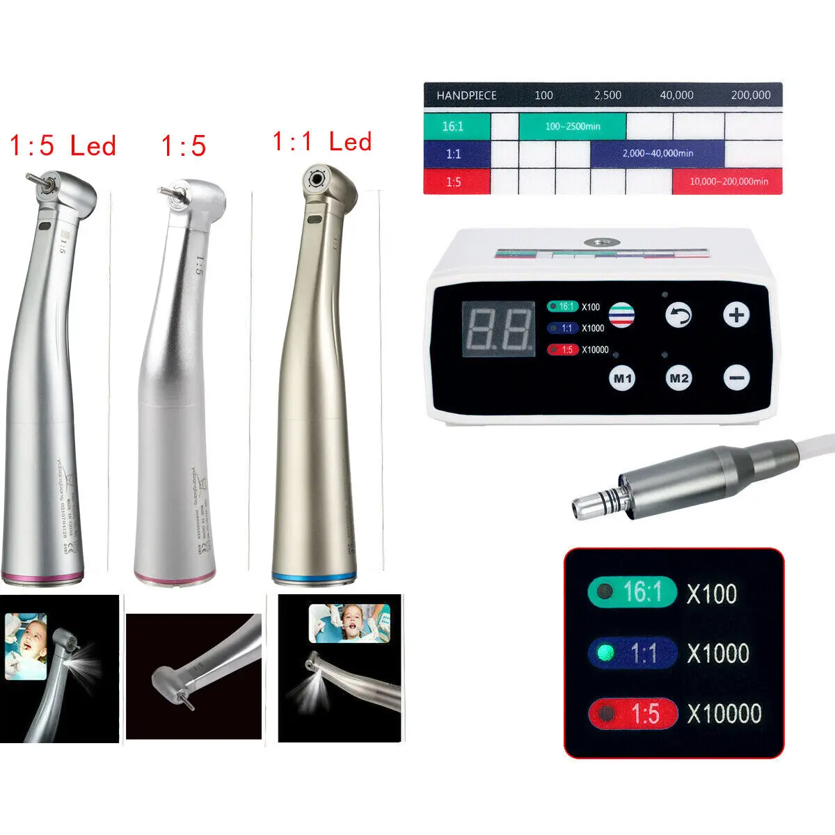 

Dental Brushless LED Electric Micro Motor/ 1:5 Increasing Contra Angle Handpiece Fit NSK Ti-MAX X95L/1:1 Fiber Optic Handpiece