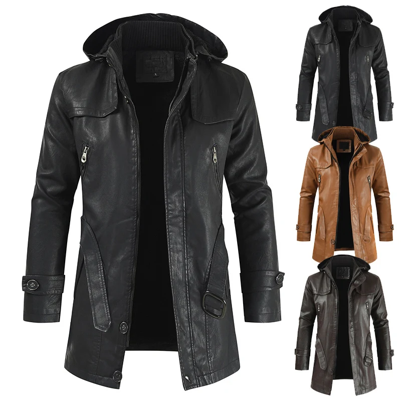 

New Winter Fce Lined Warm Long Men's Leather Jaet Hooded Large Size Simulation Real Leather Coat Youthful Vitali Sle