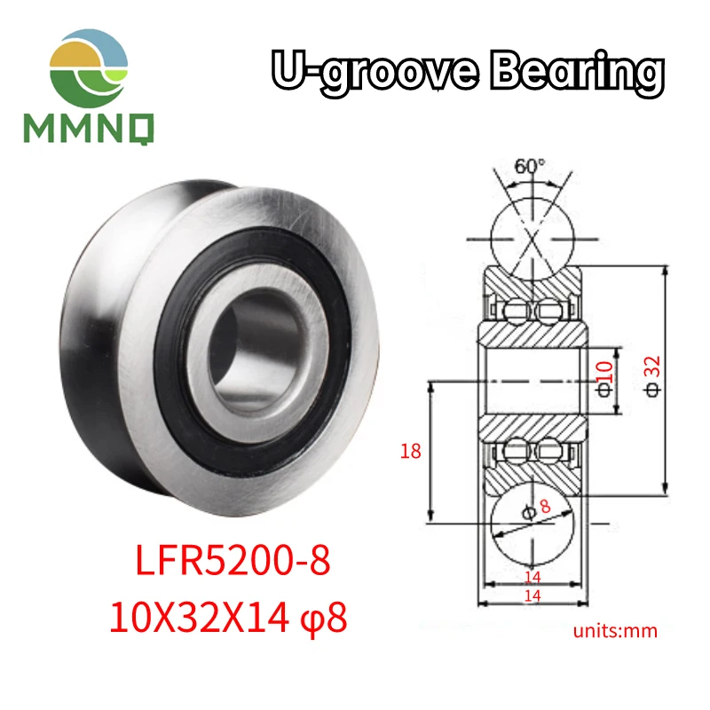1PCS LFR Series Rail Roller Bearing LFR5200-8 Inner Diameter 10mm Outer Diameter 32mm Height 14mm U Groove Diameter 8mm 10*32*14