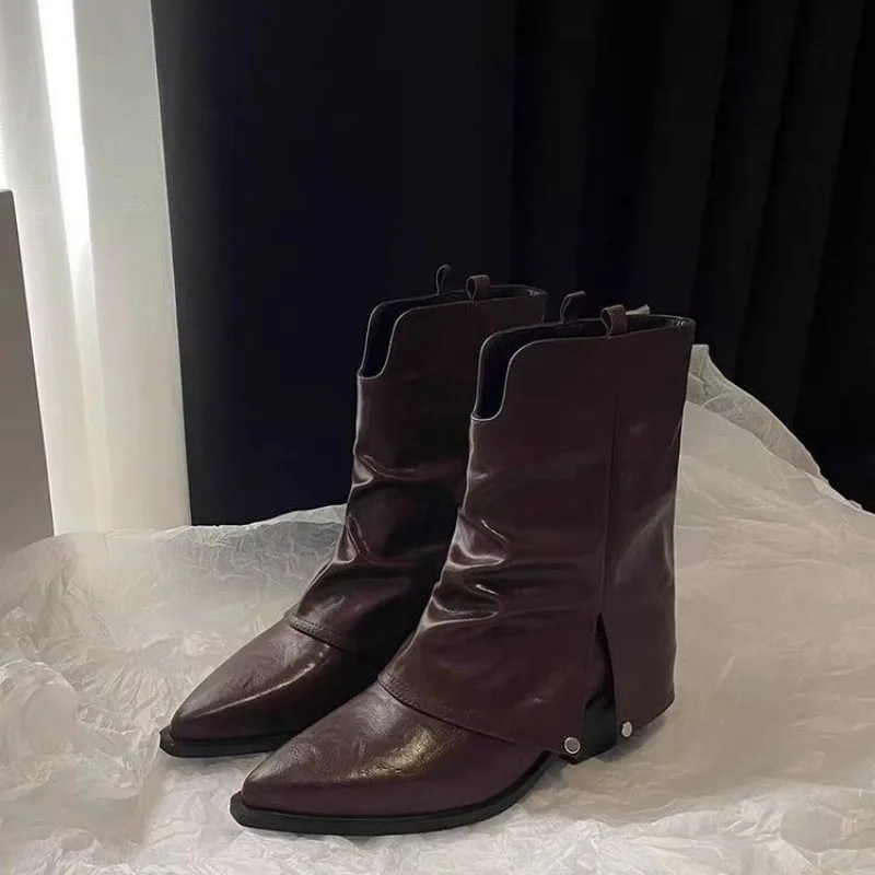 Women's Pointed Toe Thick Heel Pant Boots Fall New Fashion All-in-one Western Cowboy Ankle Boots image 5