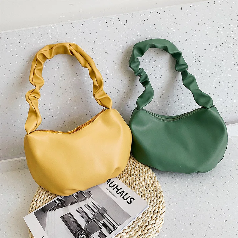 Fashion Women's Armpit Shoulder Bag PU Leather Pleated Underarm Tote Exquisite Shopping Bag Zipper Handbags with Free Shipping