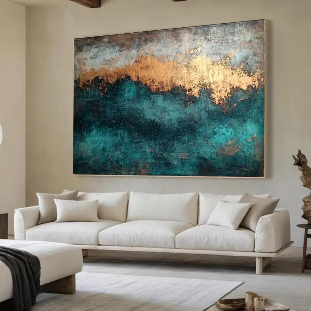 

Original Hand Painted Earthy Abstract Oil Painting on Canvas Gold Brown Teal Art Serene Sunset Colors Modern Abstract Home Decor