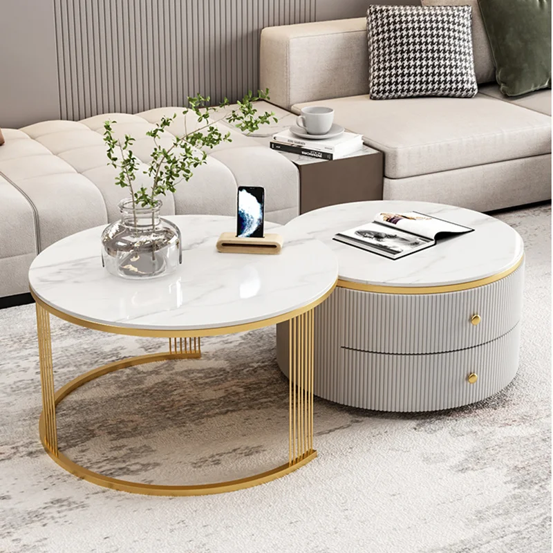 Marble Center Living Room Table Round Set Gold Nesting Metal Round Coffee Table Nordic Luxury Mesa Centro Salon Modern Furniture