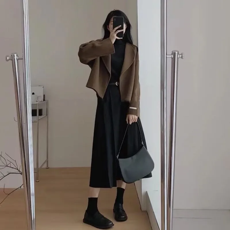 

Женский свободный пиджак, юбка-миди, костюм, кардиган с длинными рукавами, куртка с высокой талией, юбка трапециевидной формы, осенний новый комплект