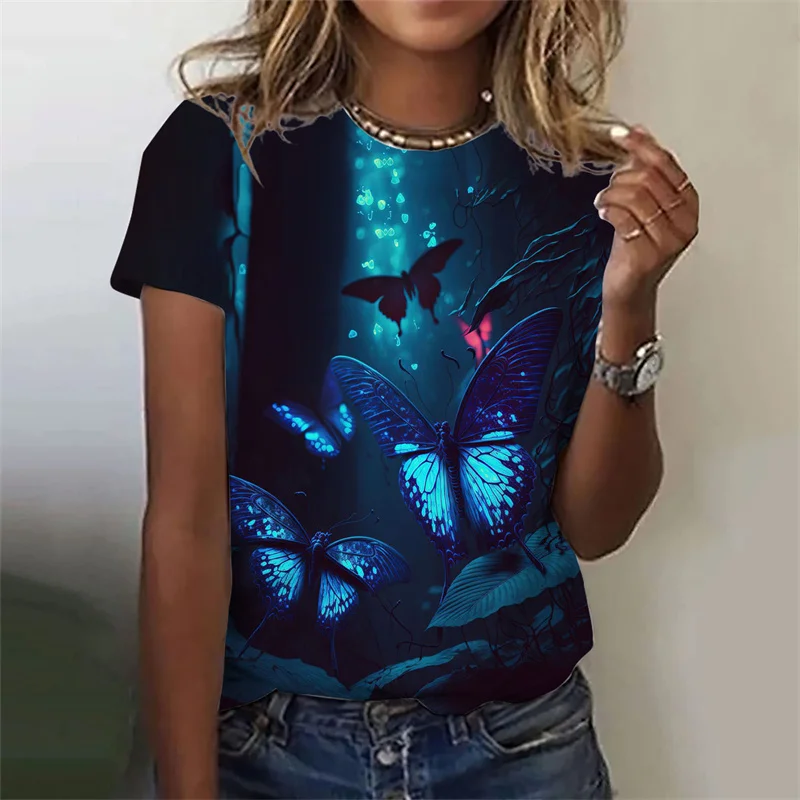 Koszulka z motylem z nadrukiem 3D dla kobiet owad graficzne krótkie rękawy moda codzienna ponadgabarytowe t-shirty wycięcie pod szyją koszulki