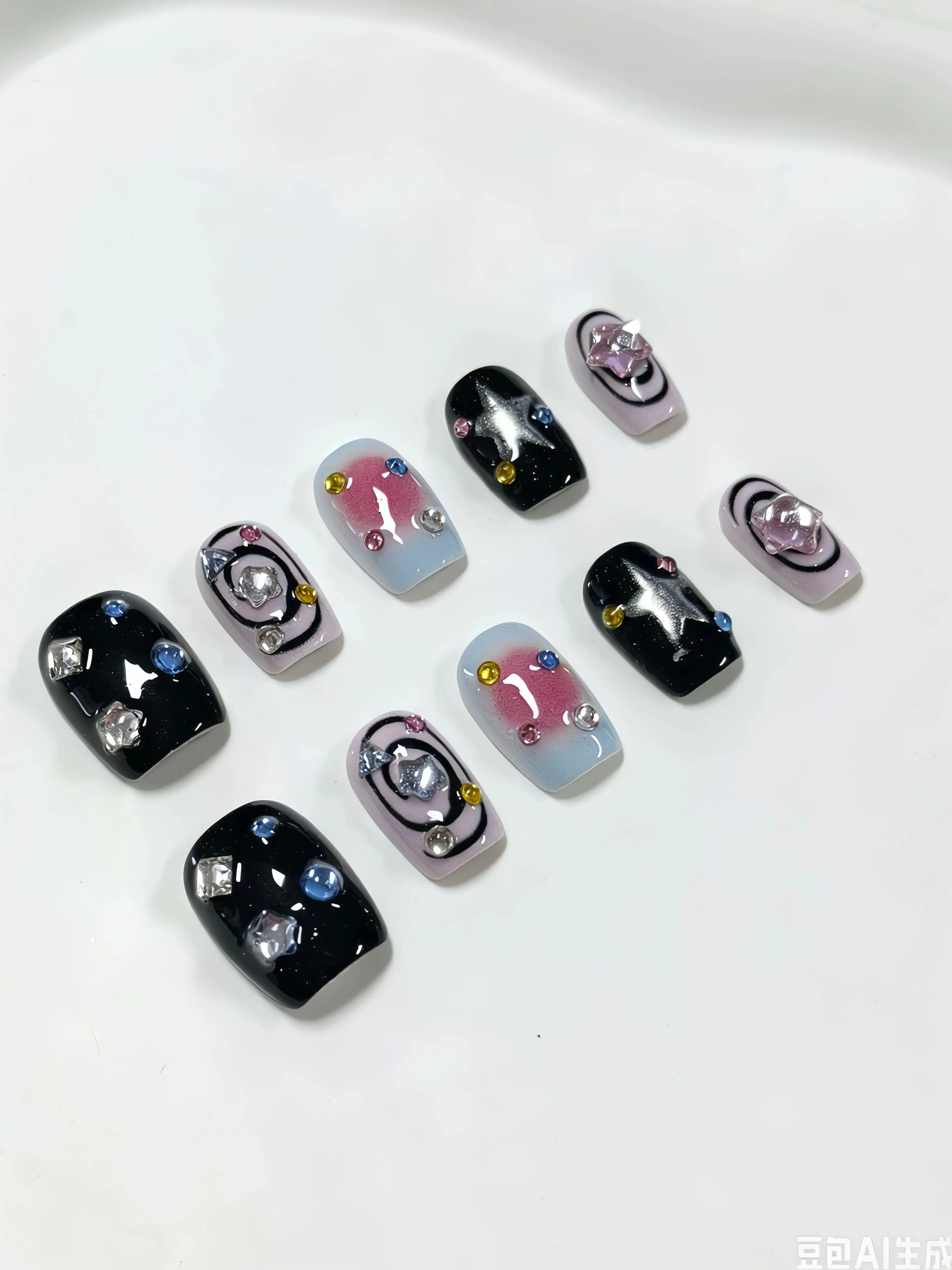 10-Degree Short Square-Round Nails, Pink-Blue Gradient Transparent Nebula Multi-Color Transparent Rhinestone Nail Tips, Niche Girly Style Versatile Fake Nails for School, Y2K Starry Sky Style Festival Atmosphere Fake Nail Tips