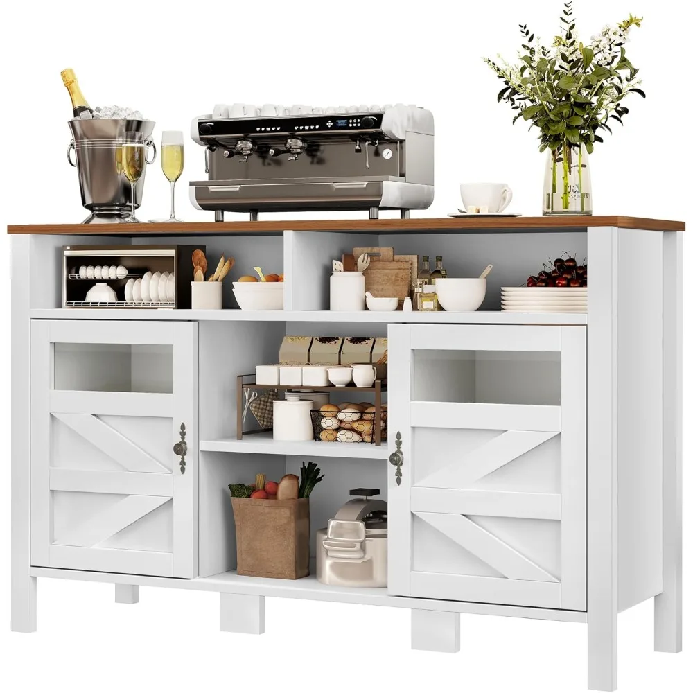 خزانة بوفيه للمزرعة مقاس 55 بوصة مع مساحة تخزين، وخزانة جانبية كبيرة مع بابين وتخزين مفتوح، وطاولة بار قهوة متعددة الاستخدامات #4