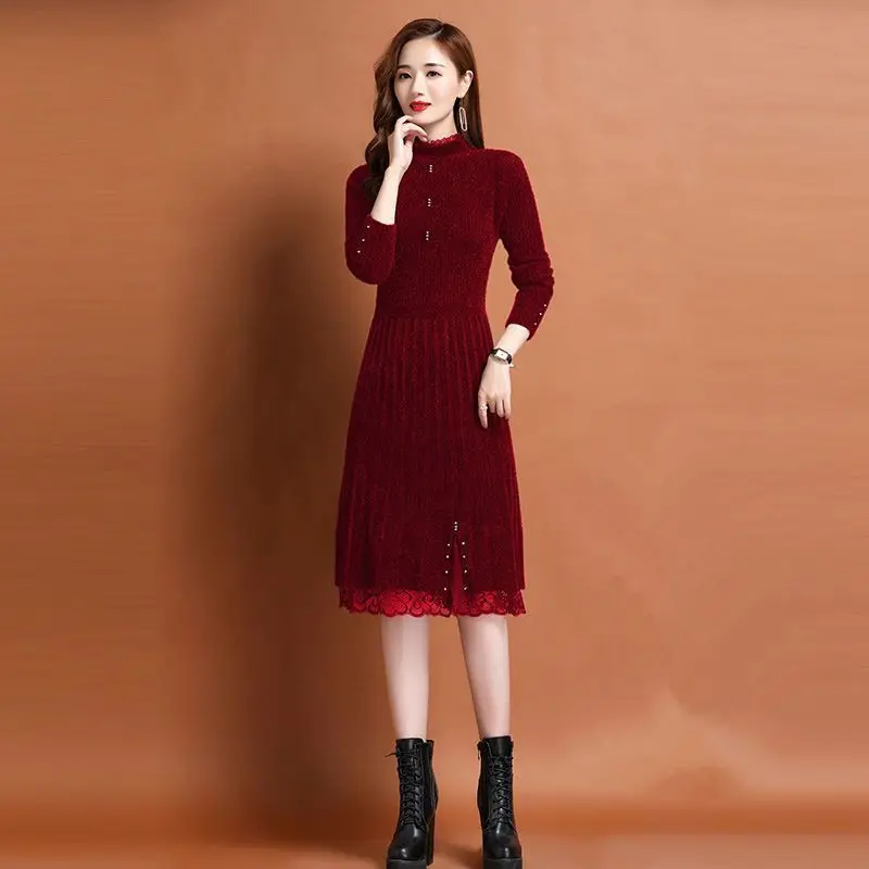 

Imitation Mink Fur Knitted Dress New Women's Fur Dress with Bottom Layer Knee High Thick Skirt