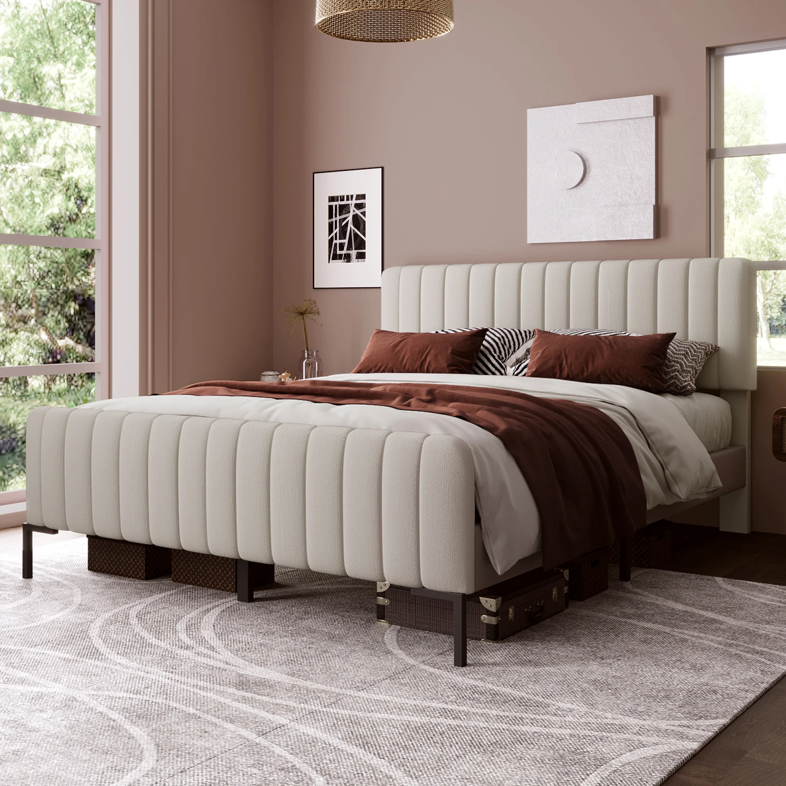 Upholstered double bed 160 x 200 cm, bedstead with Flat noodles frame and adjustable headboard, beige upholstered bed, bedstead