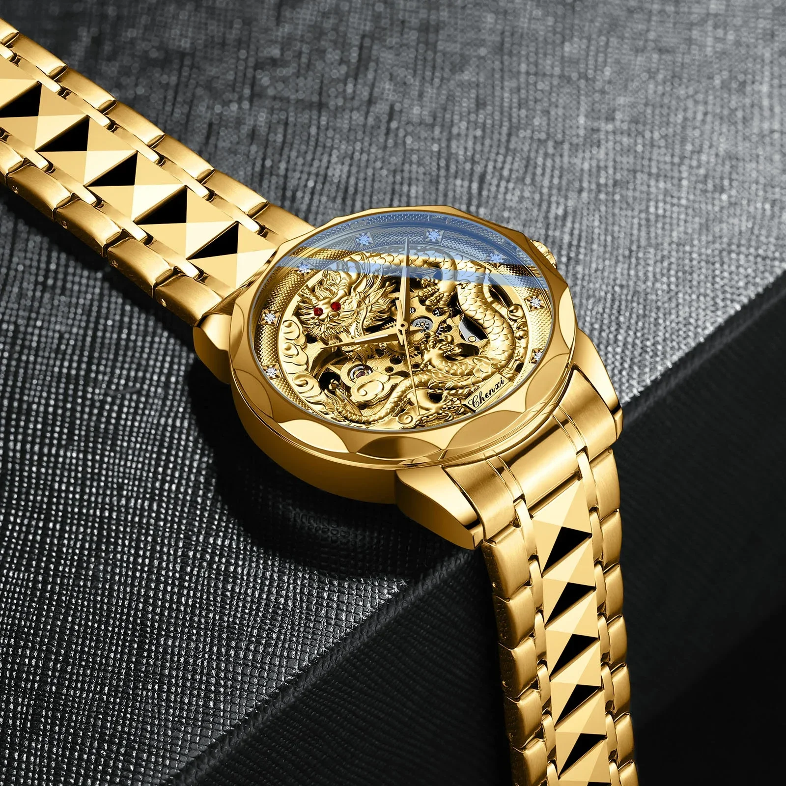 Chenxi 8899 Chinese Nation Cultuur En Kunst 3d Reliëf Dragon Patroon Goud Automatisch Mechanisch Roestvrij Staal Horloge Voor Mannen