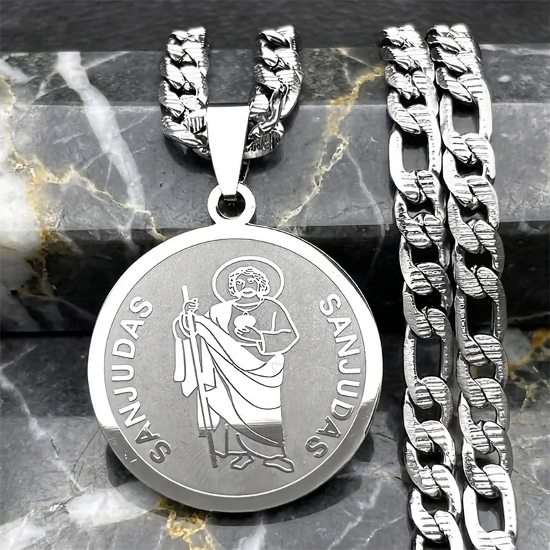 Stainless Steel Vintage Saint Jude Thaddeus Medal Necklace with Cuban Link Chain for Men Religious Faith Jewelry Gift