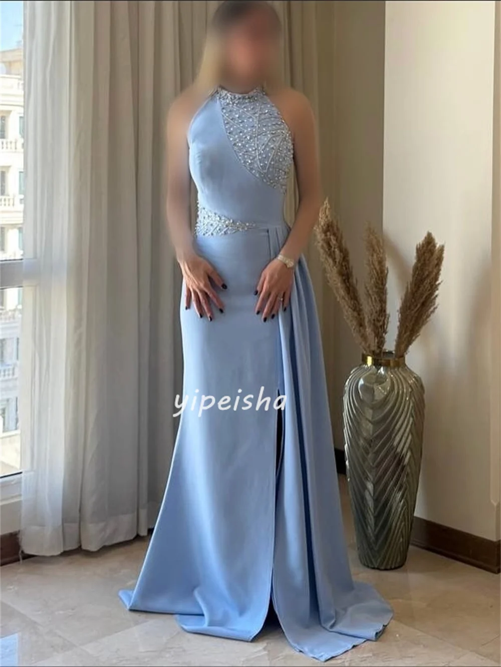 Abiti lunghi con colletto alto a trapezio dritto con strass in jersey elegante stile moderno personalizzato Abiti da cerimonia su misura sexy