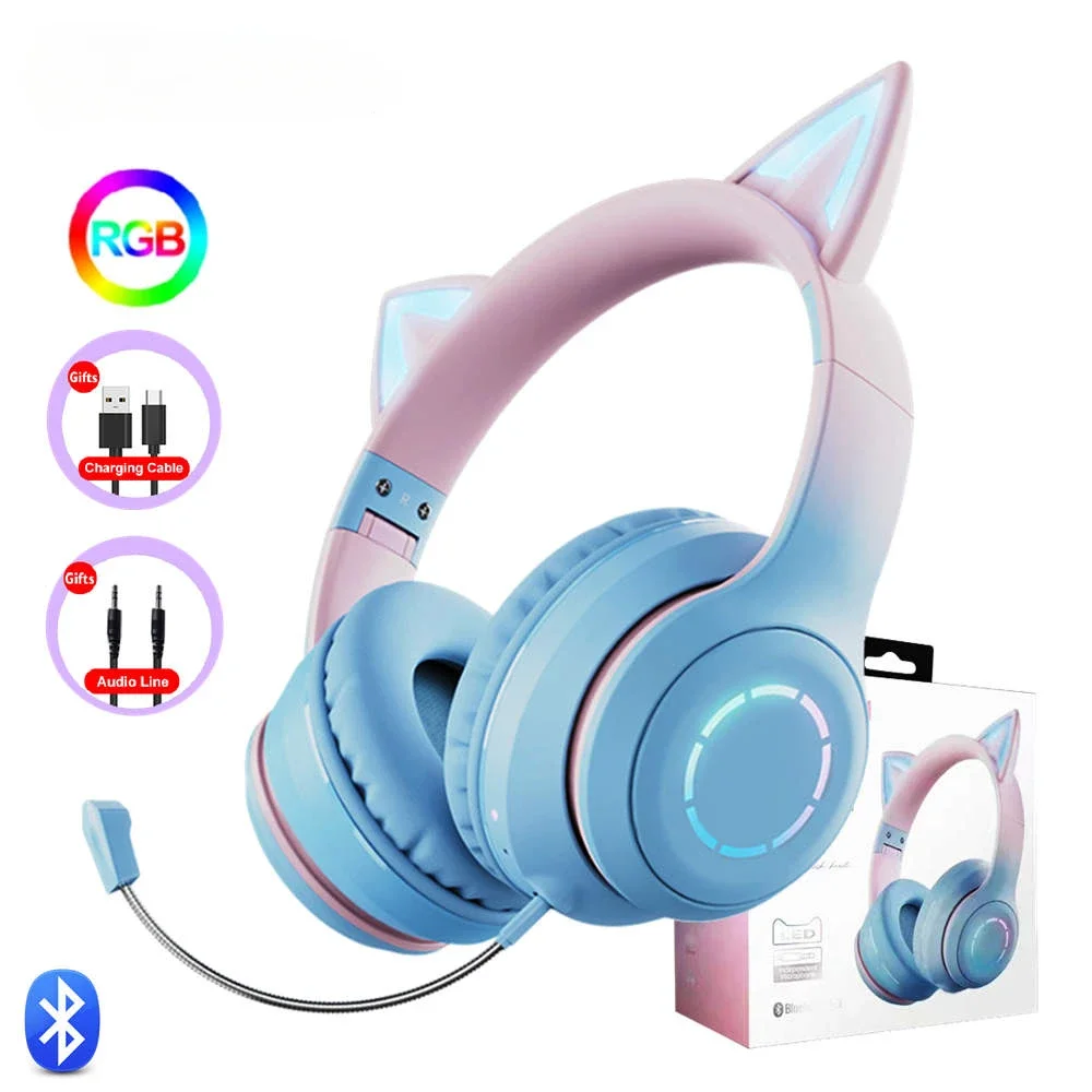 Zestaw słuchawkowy RGB Girl słuchawki bezprzewodowe słuchawka z mikrofonem Bluetooth ucho kota słuchawki do gier kask Stereo dla telefonu