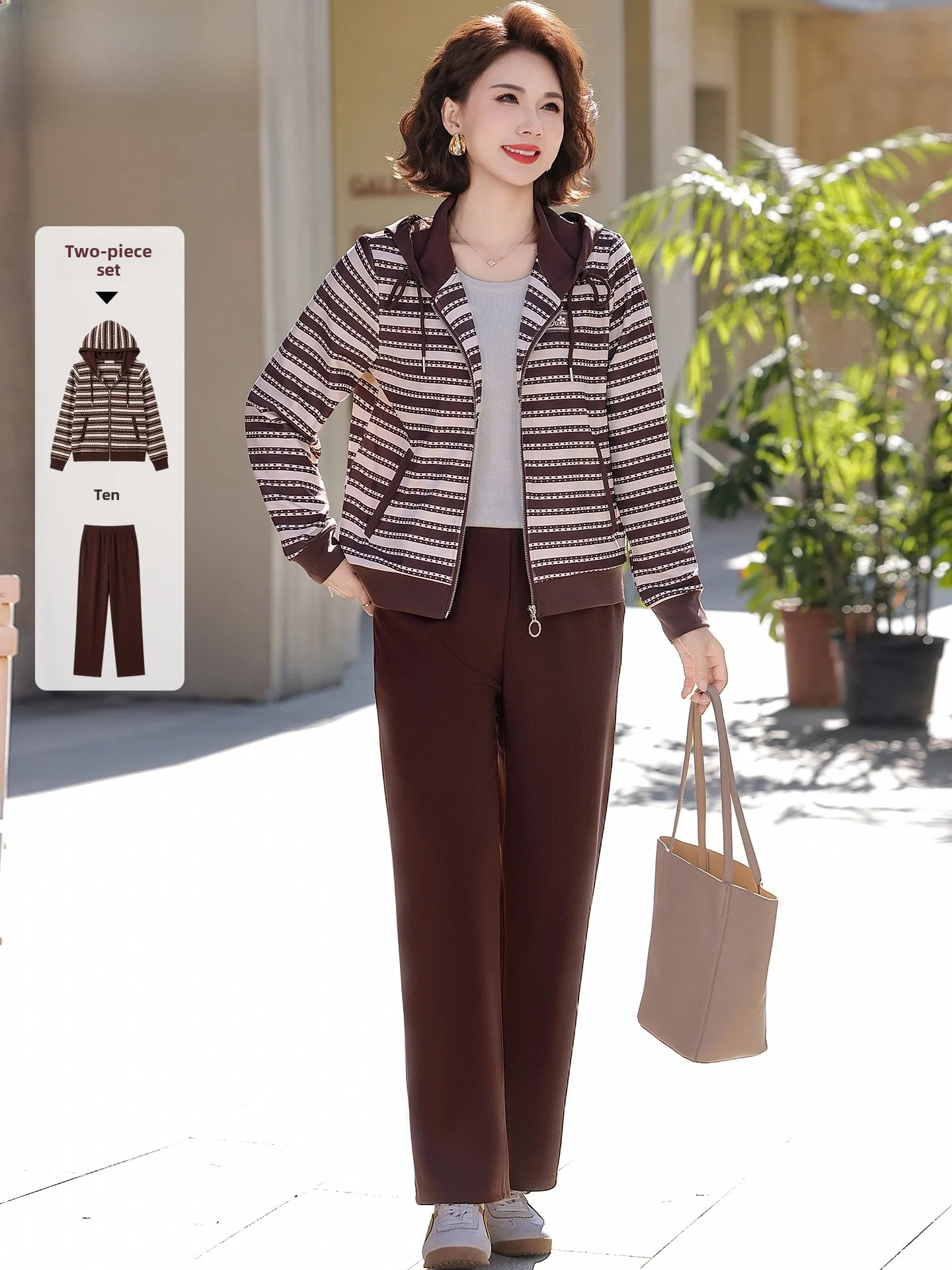 

Spring Outfit Casual Sports Women's Clothing Set Mid-aged Mom Sle Long Pants Breathable Polyester Zipper Closure Hoodie
