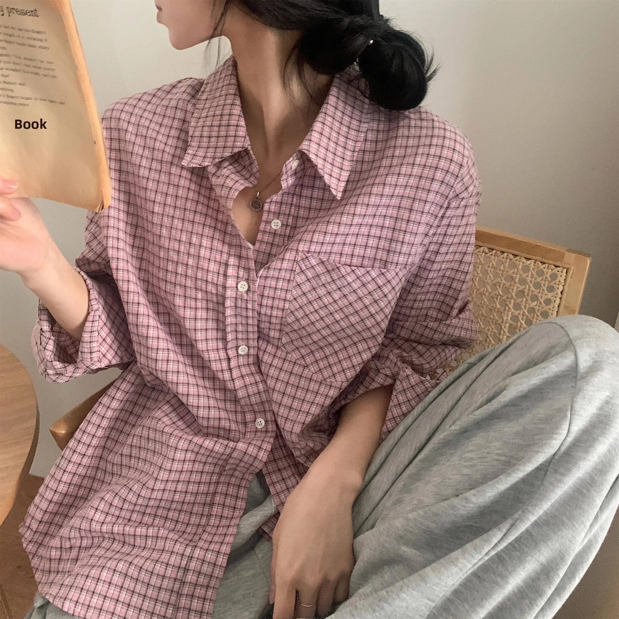 ملابس كورية Sle بزر واحد منقوشة طويلة Sve للسيدات irt عادية رقيقة لموسم الخريف ملابس فاخرة للسيدات