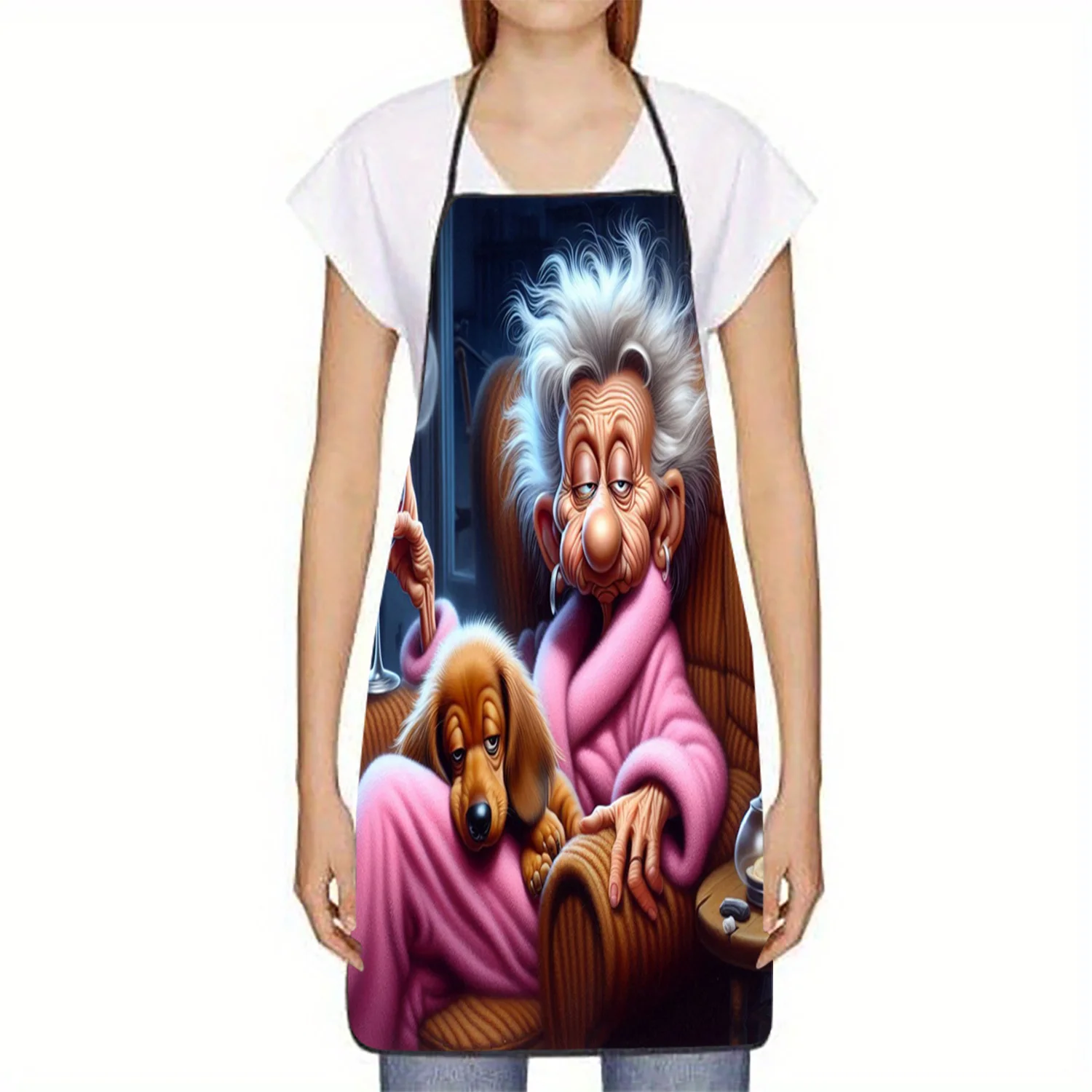 Funny Old Man with Dog Apron, Cartoon Grandpa Relaxing Kitchen Bib, Humorous Cooking Gift for Dad Men Home Decor