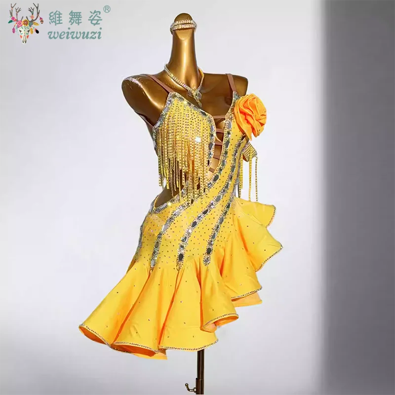 女性用ラテンダンスドレス、カスタムメイド、シニア向けABストーンフリンジドレス、大人と子供用プロフェッショナルパフォーマンス衣装