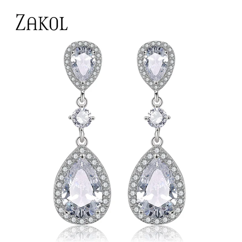 ZAKOL Shinny Water Drop Cubic Zirconia Dangle Earrings for women Exquisite Bridal Wedding Party Jewelry EP2288