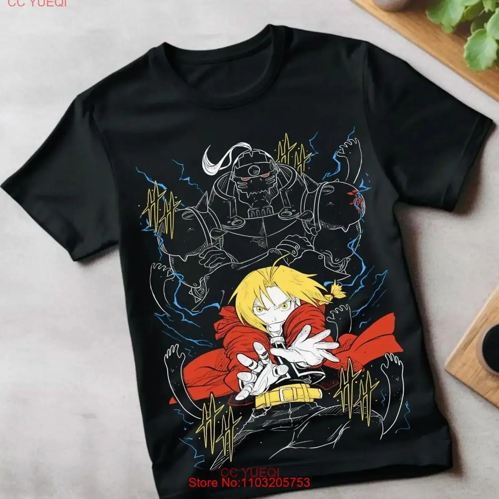 Camiseta Edward Elric Fullmetal Alchemist Brotherhood Fma Alphonse Negro vintage Lavado Elegante Casual Unisex Versátil