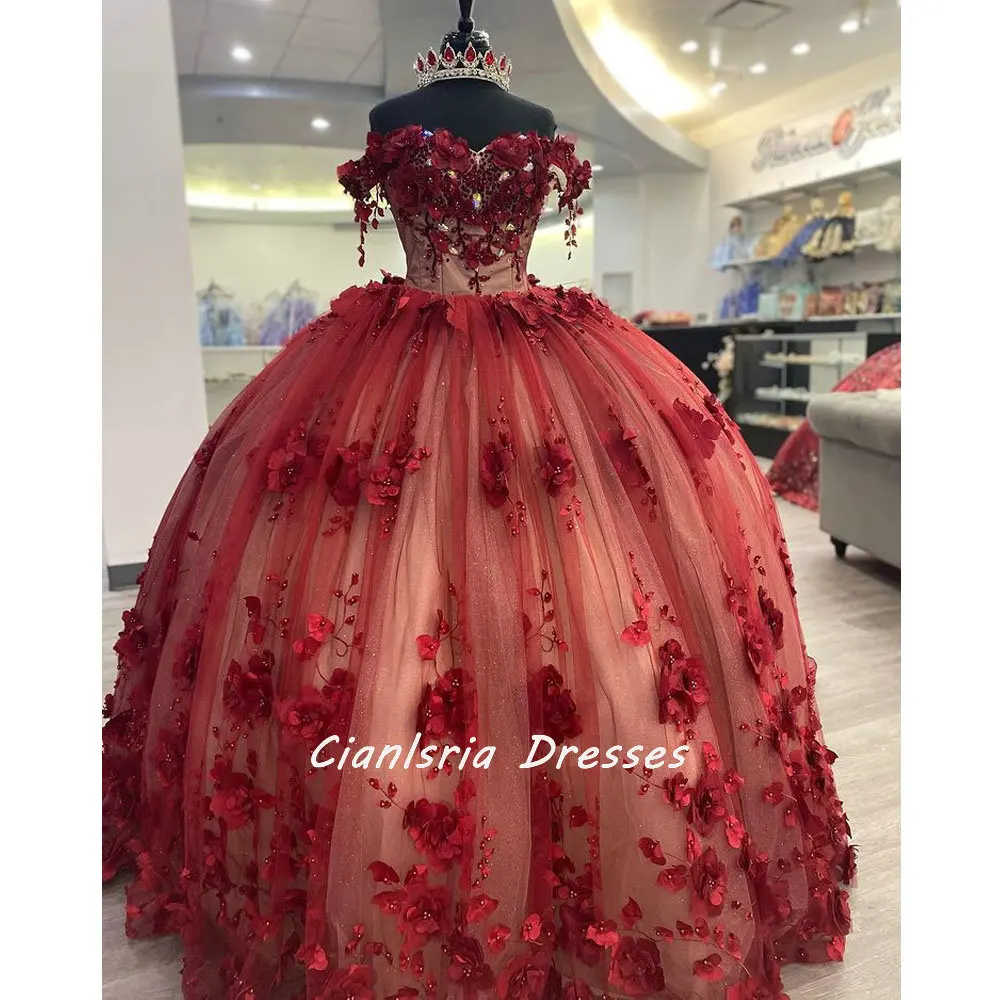 Pérolas vermelhas contas fora do ombro quinceanera vestido de baile flores 3d doce 15 vestidos concurso xv años