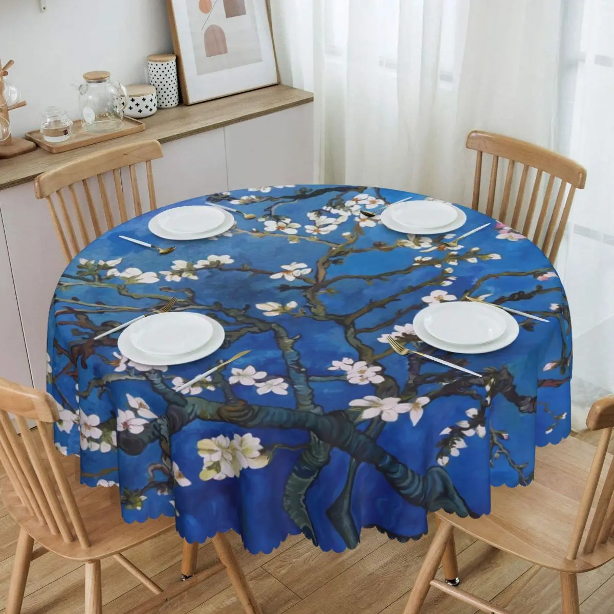 Custom  Fitted Almond Blossom After Vincent Van Gogh Table Cloth Oilproof Tablecloth 60 inches Table Cover for Kitchen Dinning