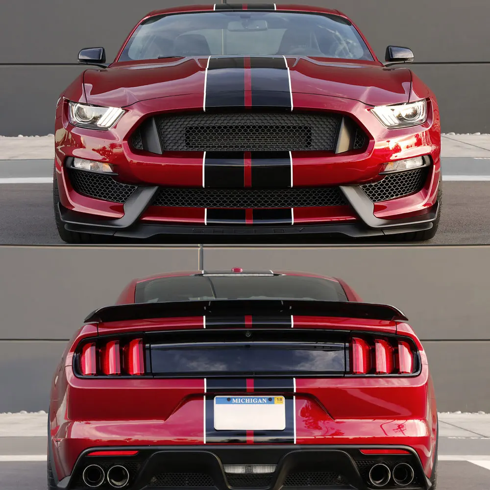 3Pcs Car Stickers For Ford Mustang GT500 GT350 GT Graphics Stripes Kit Vinyl Tuning Cover Auto Hood Bonent Roof Tail Decor Decal