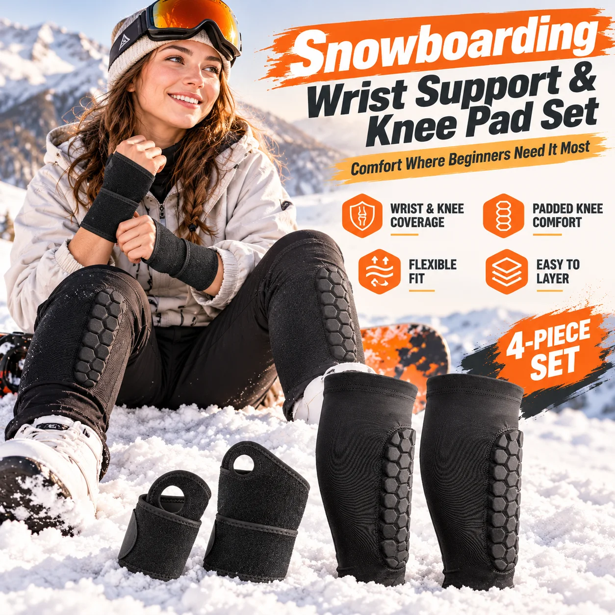 Ski Snowboard Knee Pads Wrist Support Set, Honeycomb Cushioned Knee Sleeves and Adjustable Wrist Wrap for Beginners Winter Sport