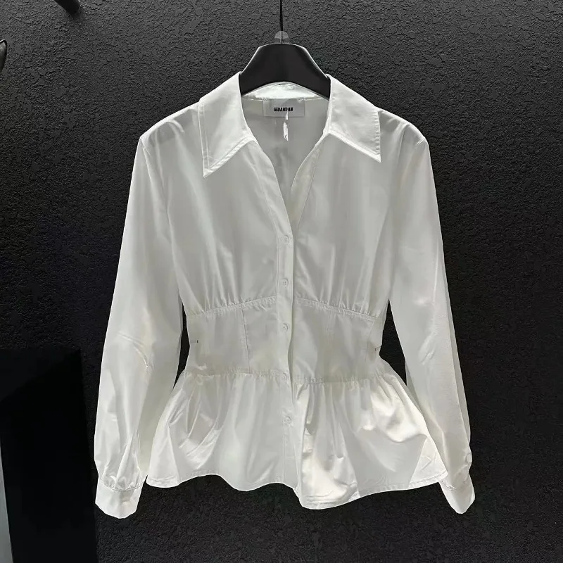 

Long-sleeved Fashionable Shirt Elegant French Top Pinch Spring Pleat Waist Design New Women