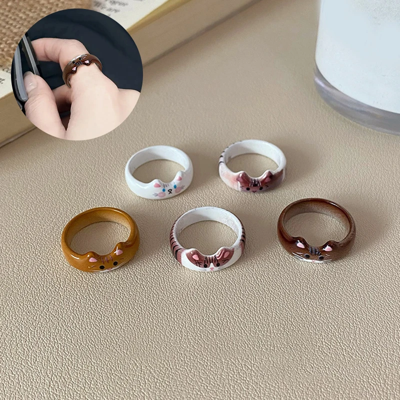 Cute Cartoon Childlike Cat Drop Oil Open Ring For Women Girls Simple Elegant Temperament Versatile Party Jewelry Gift