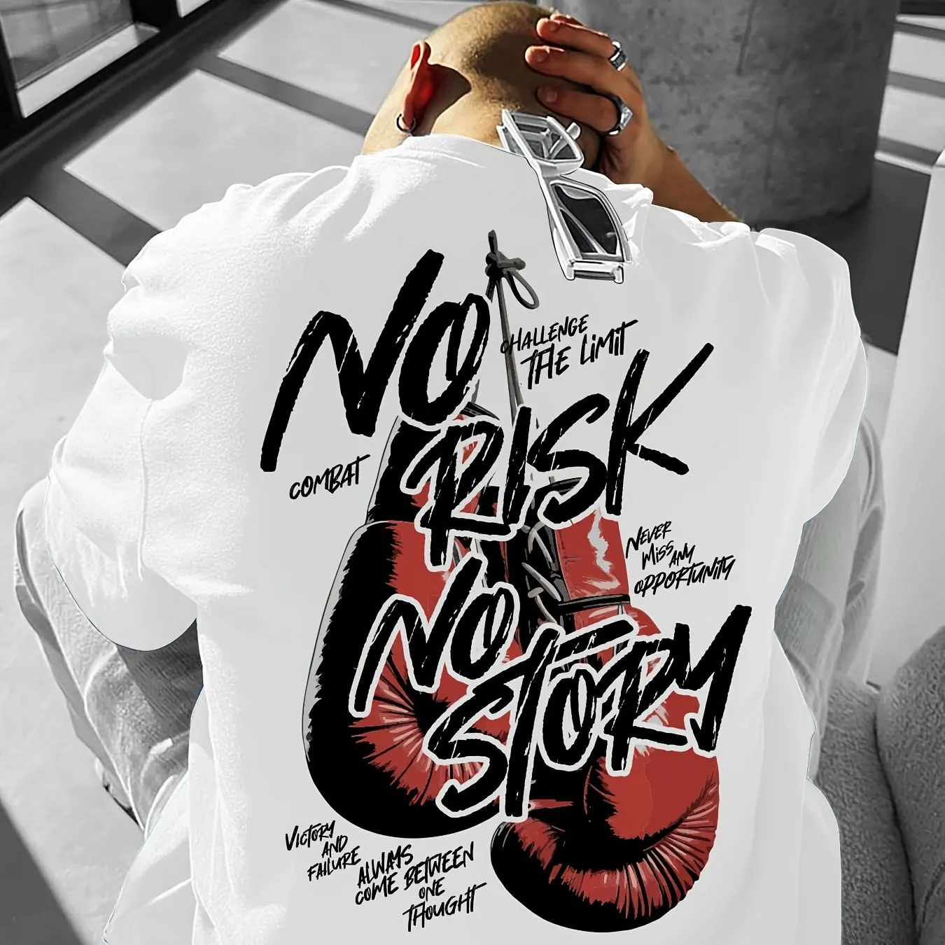 No Risk No Story Boxing Gloves Motivational Back Print T Shirt Gym Fitness Workout Unisex Streetwear Graphic Short Sleeve Tee