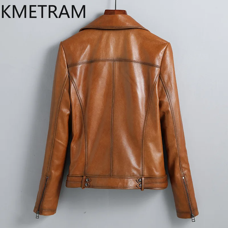 Veste de moto en cuir véritable pour femme, 100% peau de mouton, vestes courtes d'automne et d'hiver, vêtements d'extérieur, nouveau, 2024