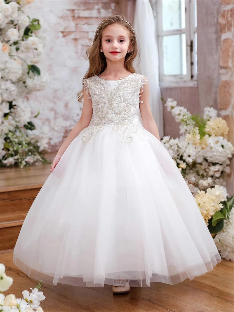 Baby Kids Princess Lace Satin Bow Flower Girl Dress Children First Communion Dress Ball Gown Wedding Party Dress Birthday
