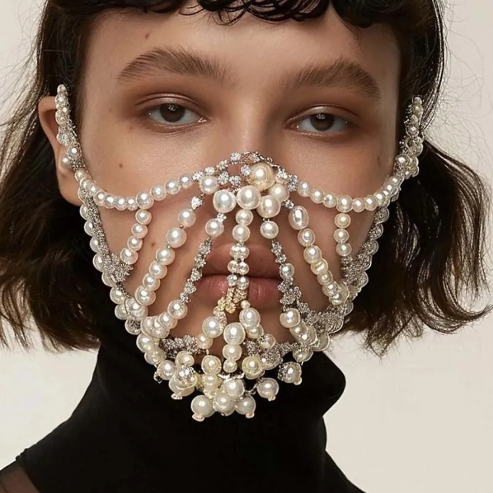 

Women's Halloween Imitation Pearl Face Mask Veil Sexy Masquerade Rhinestone Accessory 2025 Banquet Jewelry Gift for Prom cosplay