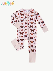 baby romper made of soft thin bamboo fiber fabric has short-sleeved butterfly prints reversible foot covers and double zippers