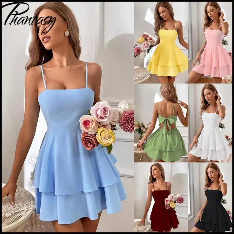 

Sweet Solid A-line Ruffled Short Spaghetti-Strap Dress for Women Fashionable Sexy Backless Bow-Tie Dress Spring Summer Dress up