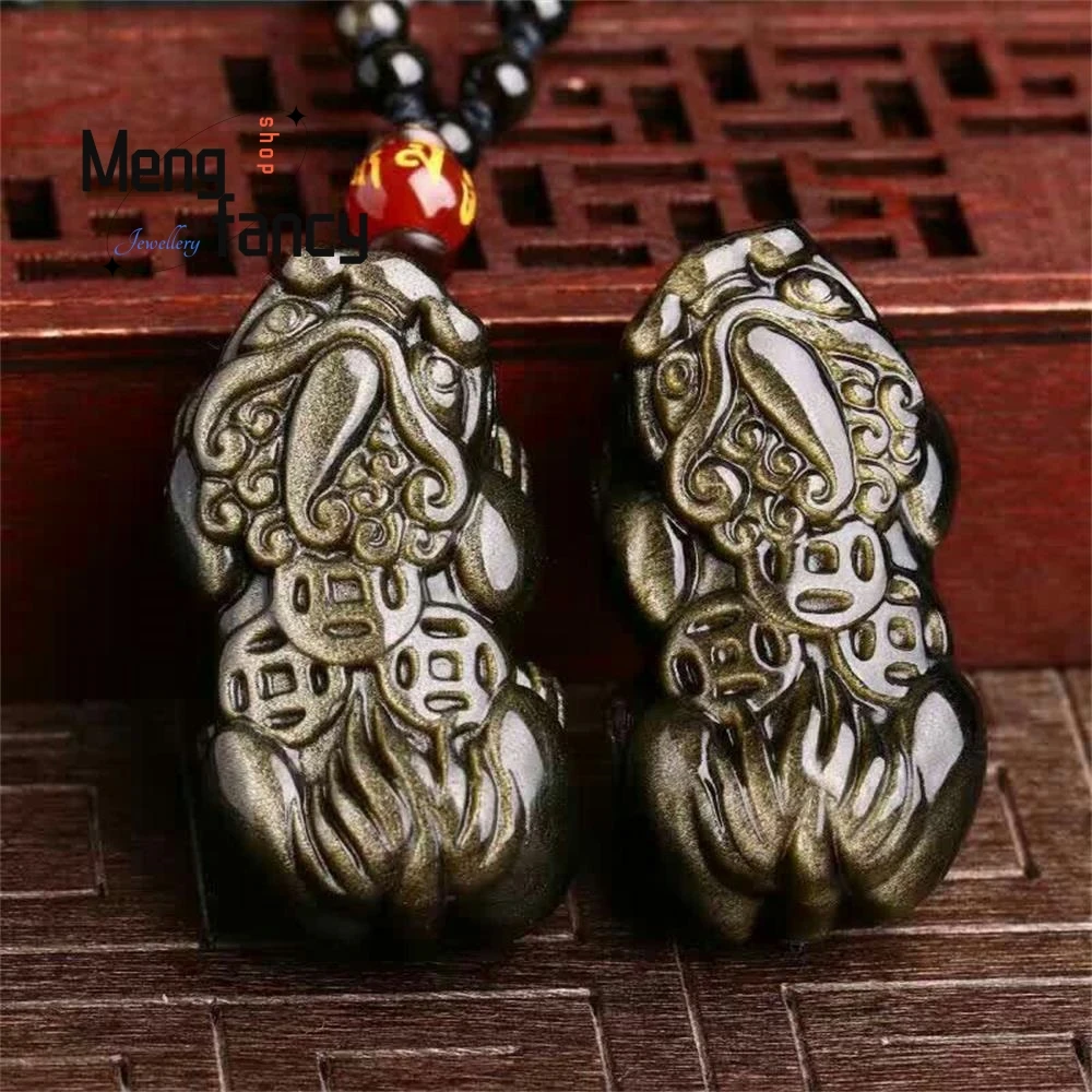 

Natural Gold Obsidian Pixiu Pendant Charms Fashion Couple Luxury Women Men Engraver Jewelry Necklace Amulet Mascots Holiday Gift