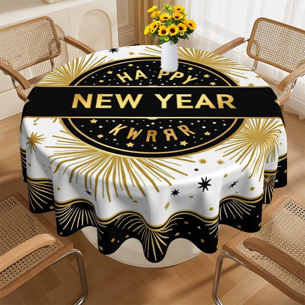 A round tablecloth for Christmas, Easter and New Year celebrations. It displays a beautiful golden firework and star pattern.