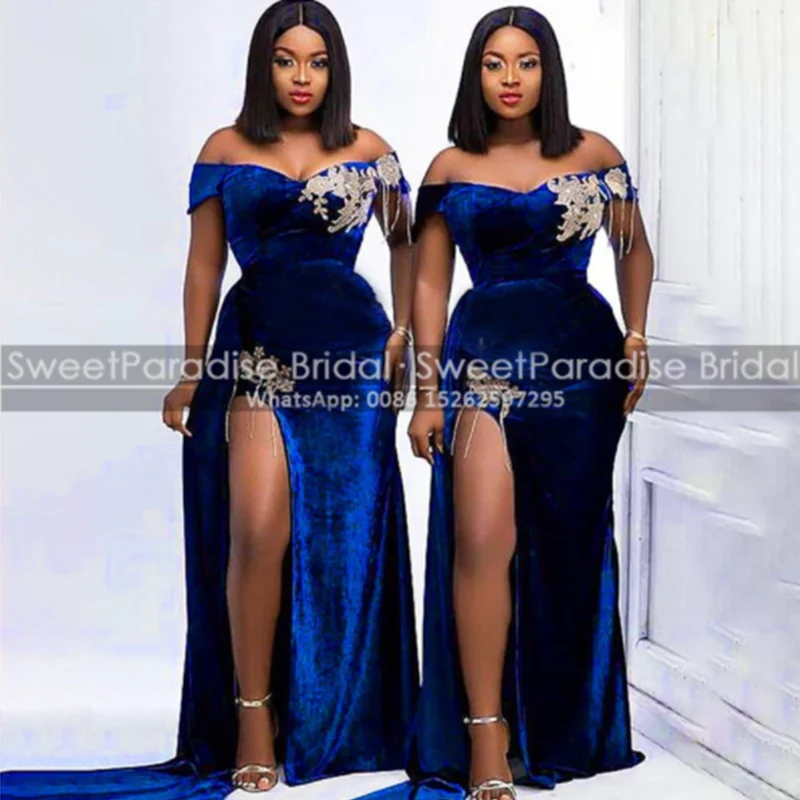 Royal Blue Velvet Mermaid Bridesmaid Dresses Appliques High Split Customized Plus Size Off Shoulder Prom Dress Wedding Party