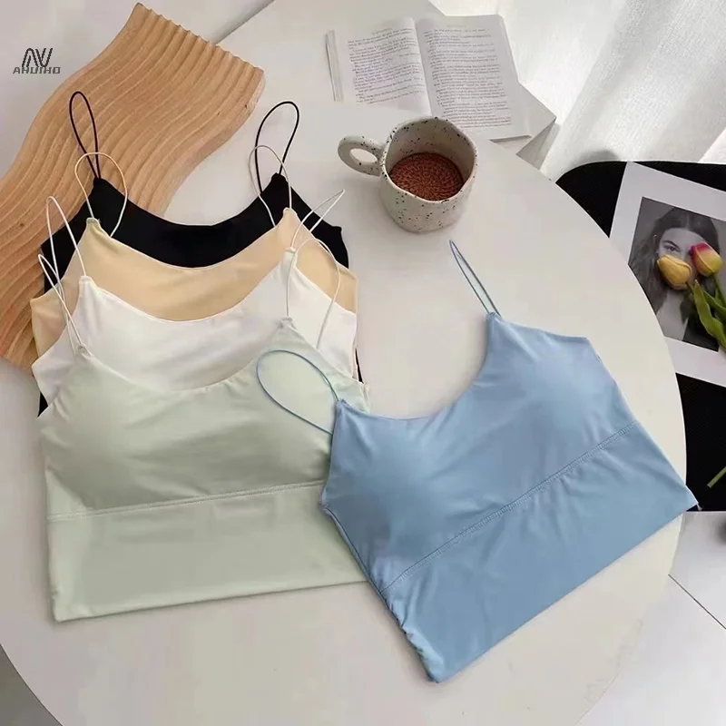 

Summer Women Crop Top Sexy Solid Color Camisole Ice Silk Tube Top Seamless Sport Top Wireless Underwear Padded Bra Bralette Vest