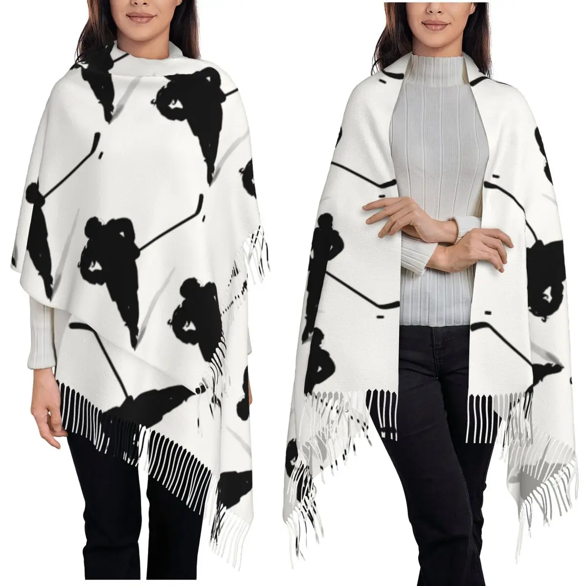 Hockey Players Ice Skaters Sports Scarf Tassel Scarves Women Soft Warm Shawls and Wraps Large Fall Winter Shawl Wrap
