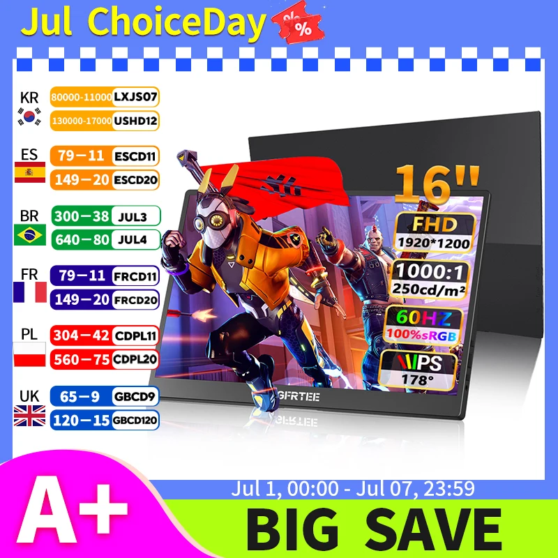 HGFRTET Moniteur portable 16 pouces, FHD 1200P IPS 100% sRGB 300cd/m2, synchronisation adaptative (freesync), deuxième écran externe Type-C HDMI avec support réglable VESA pour le bureau, les jeux, les voyages, pour Mac, PS4, PS5, Xbox