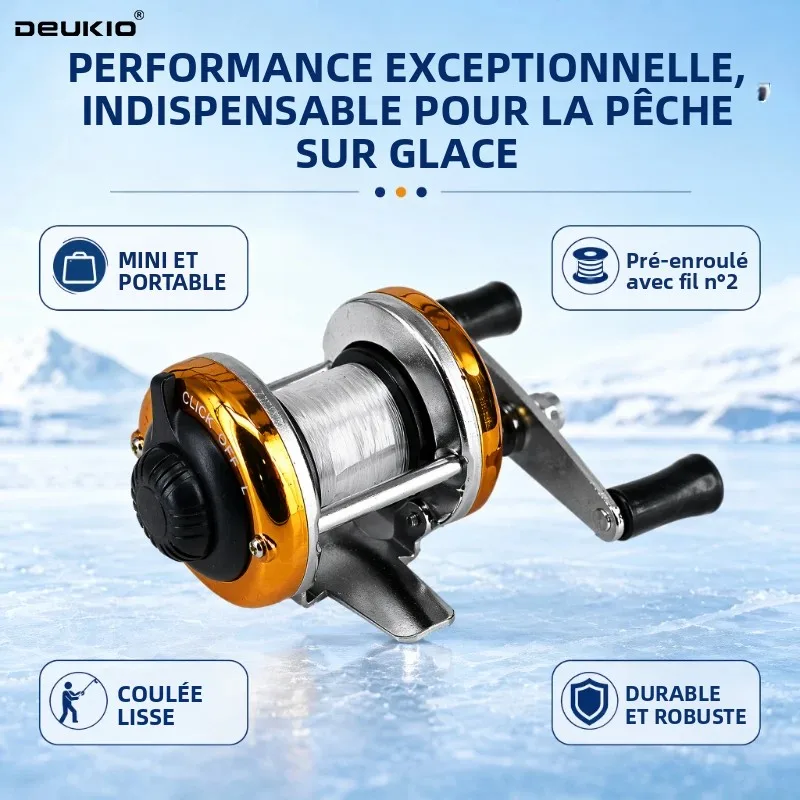 DEUKIO Mini moulinet de pêche sur glace AC100, moulinet de pêche d'hiver à lancer rond, double bras articulé, corps métallique avec ligne de 90 m, poignée antidérapante